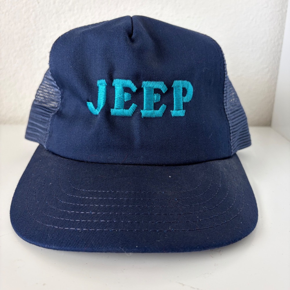Jeep Trucker Hat Mens Blue Embroidered Snapback Vintage 80s 90s Made in USA Mesh